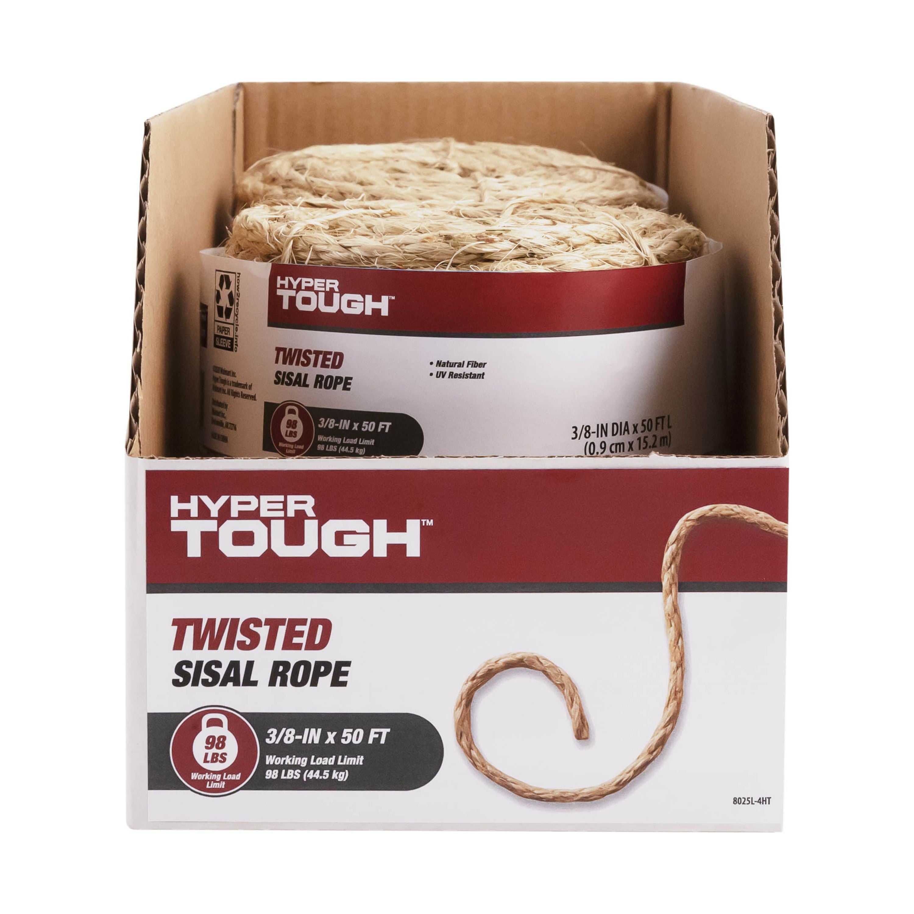 8025L-4HT Sisal Rope, 3/8" X 50', Natural Fiber, Twisted, for Outdoor/Garden Use