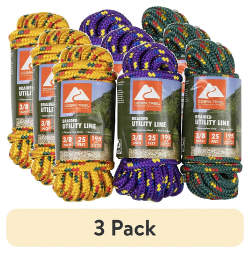 (3 Pack)  25 Ft Braided Polypropylene Marine Utility Line with 195 Lb Load