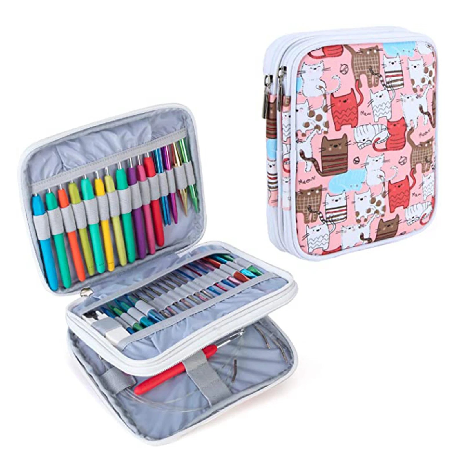 Crochet Hook Case Storage Zipper Bag for Various Crochet Hooks Colorful Cat Crochet Hook Tote Organizer Large Web Pockets