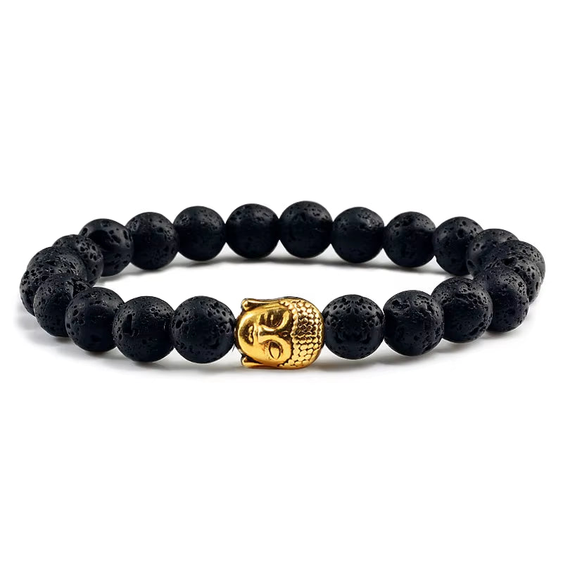 Healing Buddha Head Prayer Volcanic Lava Natural Stone Strand Bead Bracelet for Men Black Beaded Yoga Women Armband Jewelry