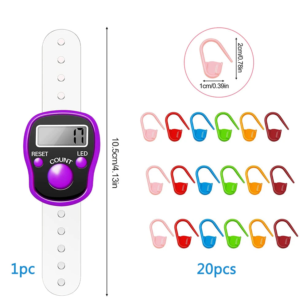 1PC Electronic Finger Digital Knit Counter with 20 Knitting Crochet Stitch Marker Row Counter for DIY Knitting Sewing Weaving