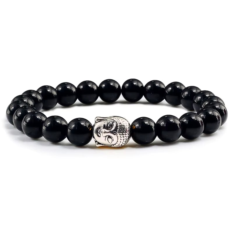 Healing Buddha Head Prayer Volcanic Lava Natural Stone Strand Bead Bracelet for Men Black Beaded Yoga Women Armband Jewelry