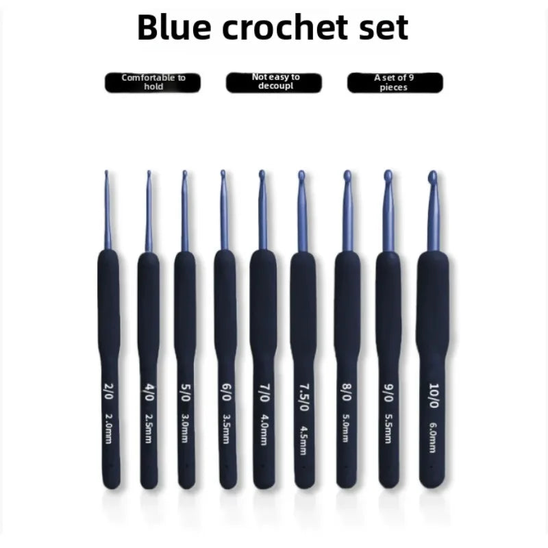 New Soft Handle Crochet Blue Set, Blue Hook Head Aluminum Crochet 9 Blue Handle Crochet Set