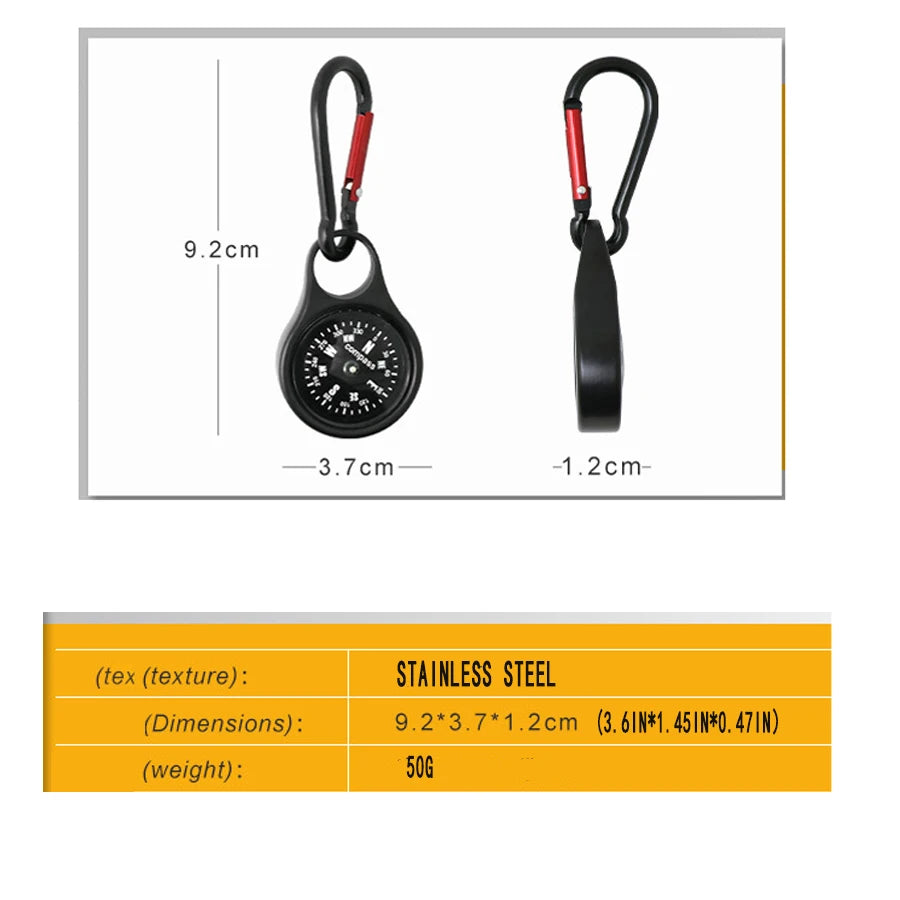 Carabiner Compass - 2 in 1 Zinc Alloy Clip-on Direction Guide Keychain Holder Hook Pocket Mini Survival Compass