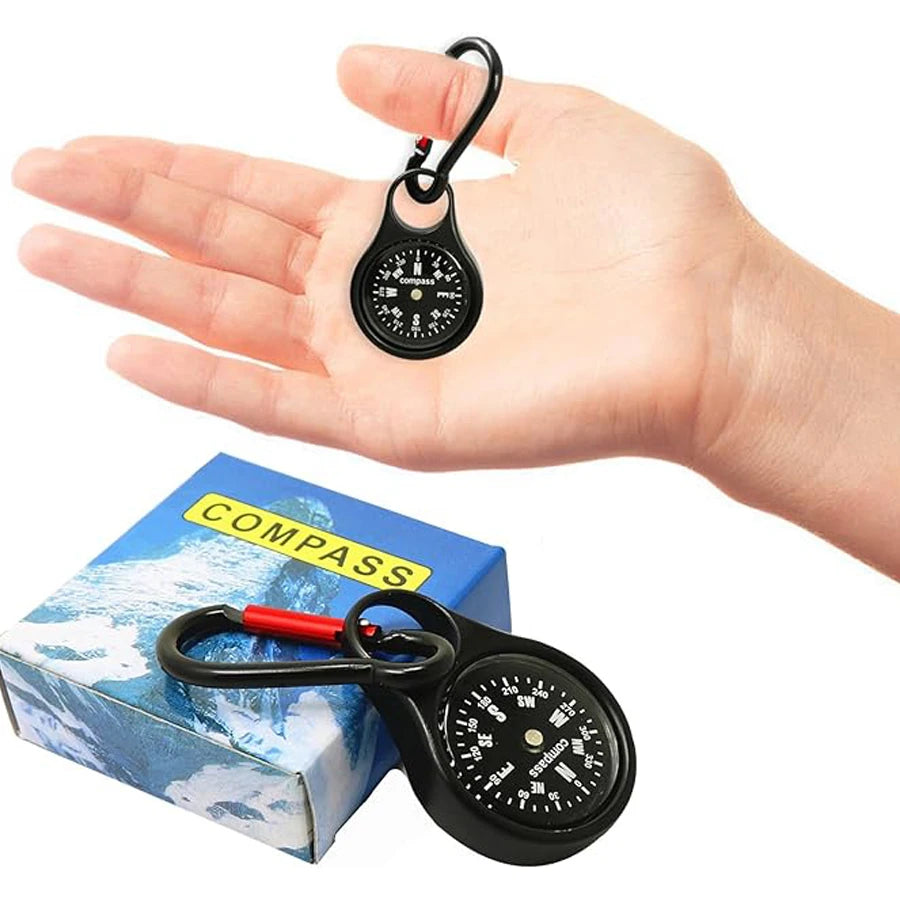 Carabiner Compass - 2 in 1 Zinc Alloy Clip-on Direction Guide Keychain Holder Hook Pocket Mini Survival Compass