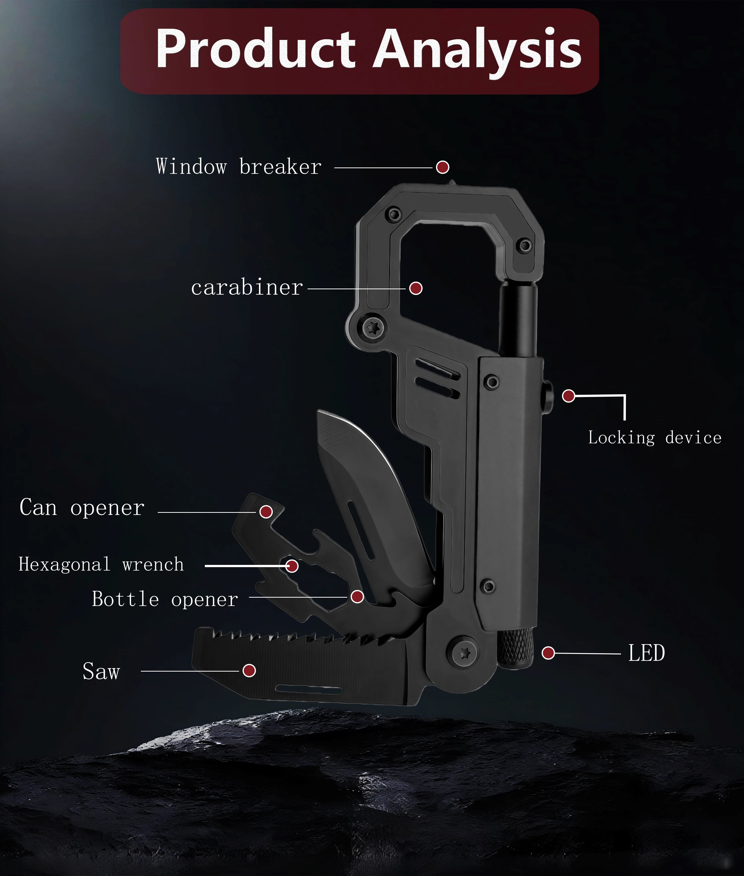 8-in-1 Multifunctional Carabiner Knife Portable EDC Tool Bottle Opener Screwdriver Outdoor Camping Hiking Survival Gear