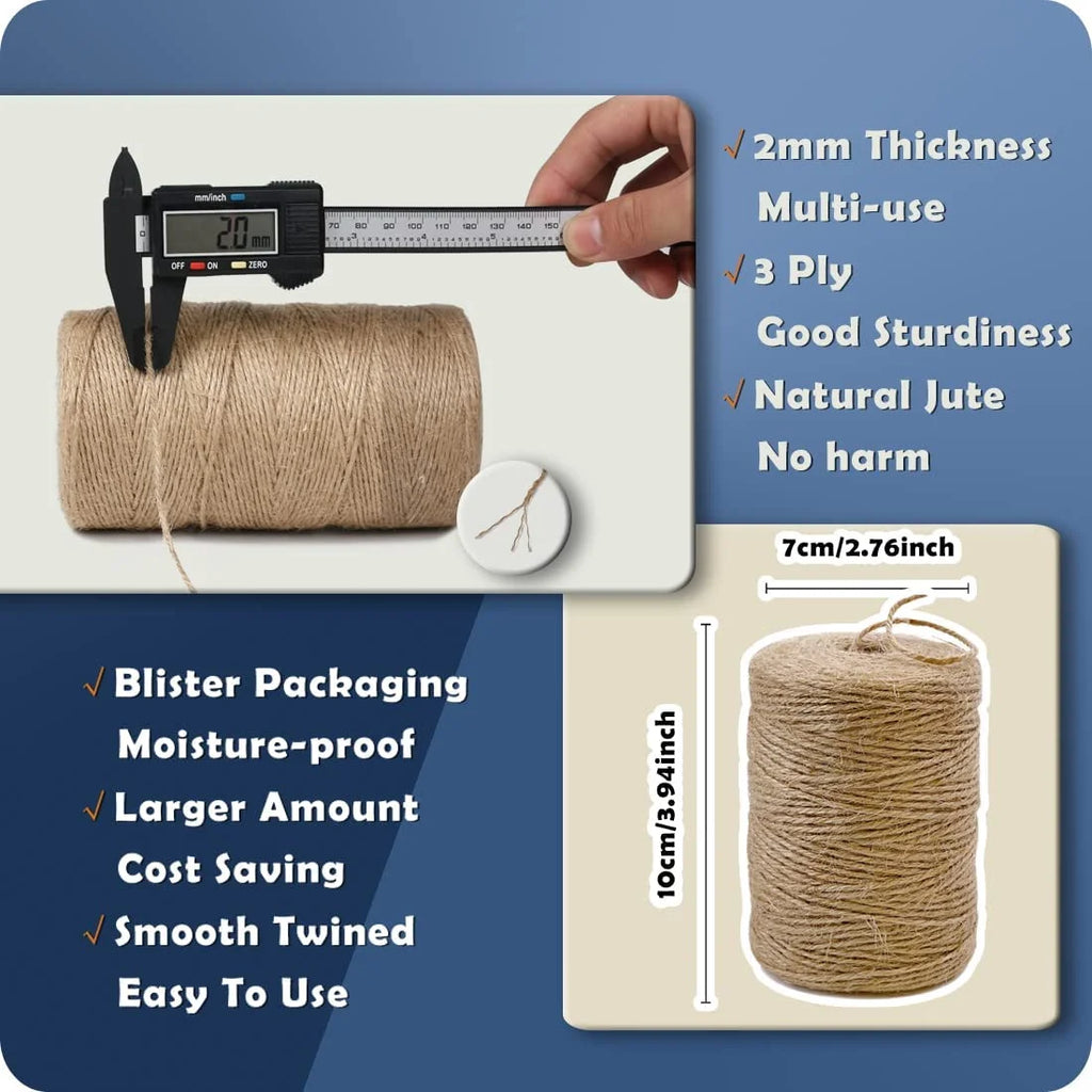 2 Pack Natural Jute Twine 656 Feet Long Twine String for Crafts Gift Wrapping Packing Gardening Crochet Knitting Macrame Decor (Brown 2Mm * 656Feet)