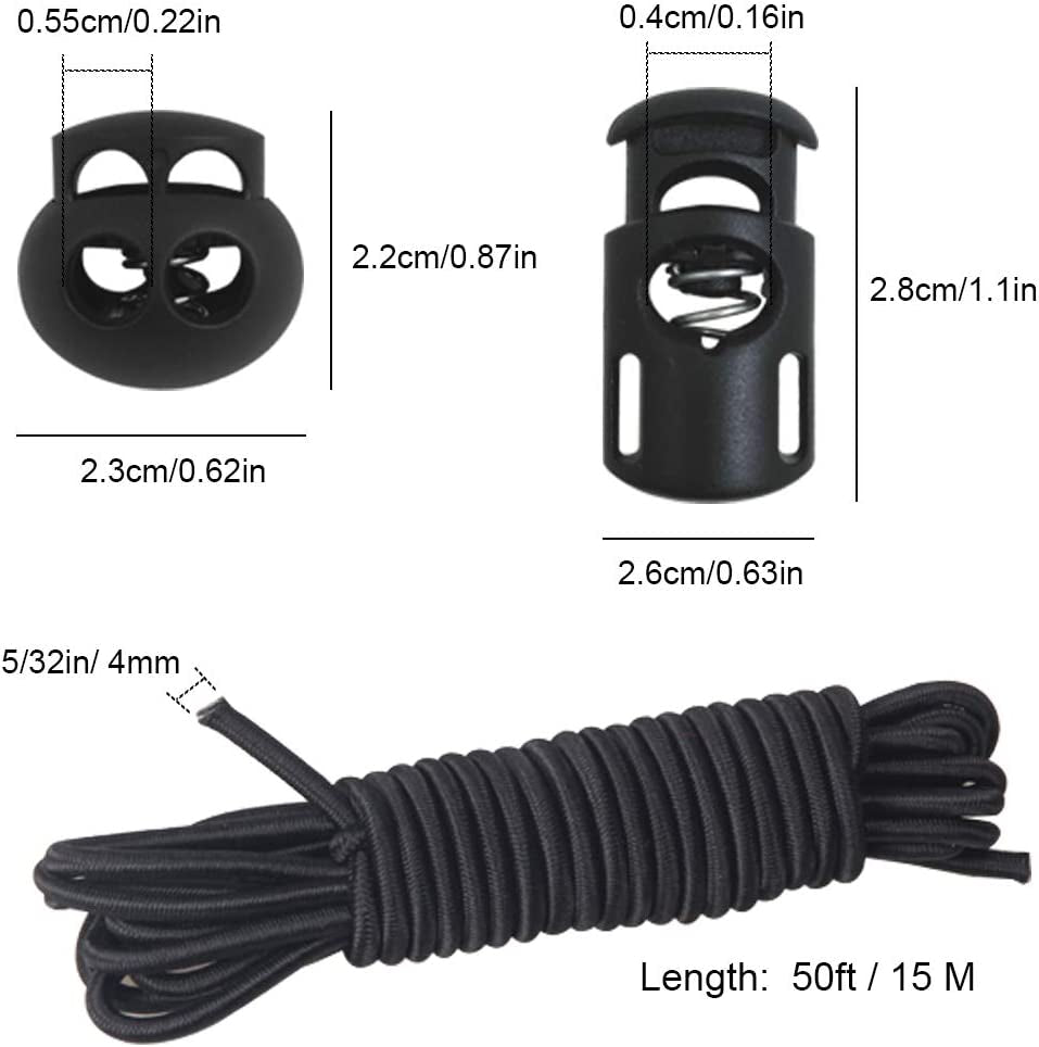 20 PCS Plastic Cord Locks & Elastic Bungee Nylon Shock Cord 5/32" 50 Ft Lengths,