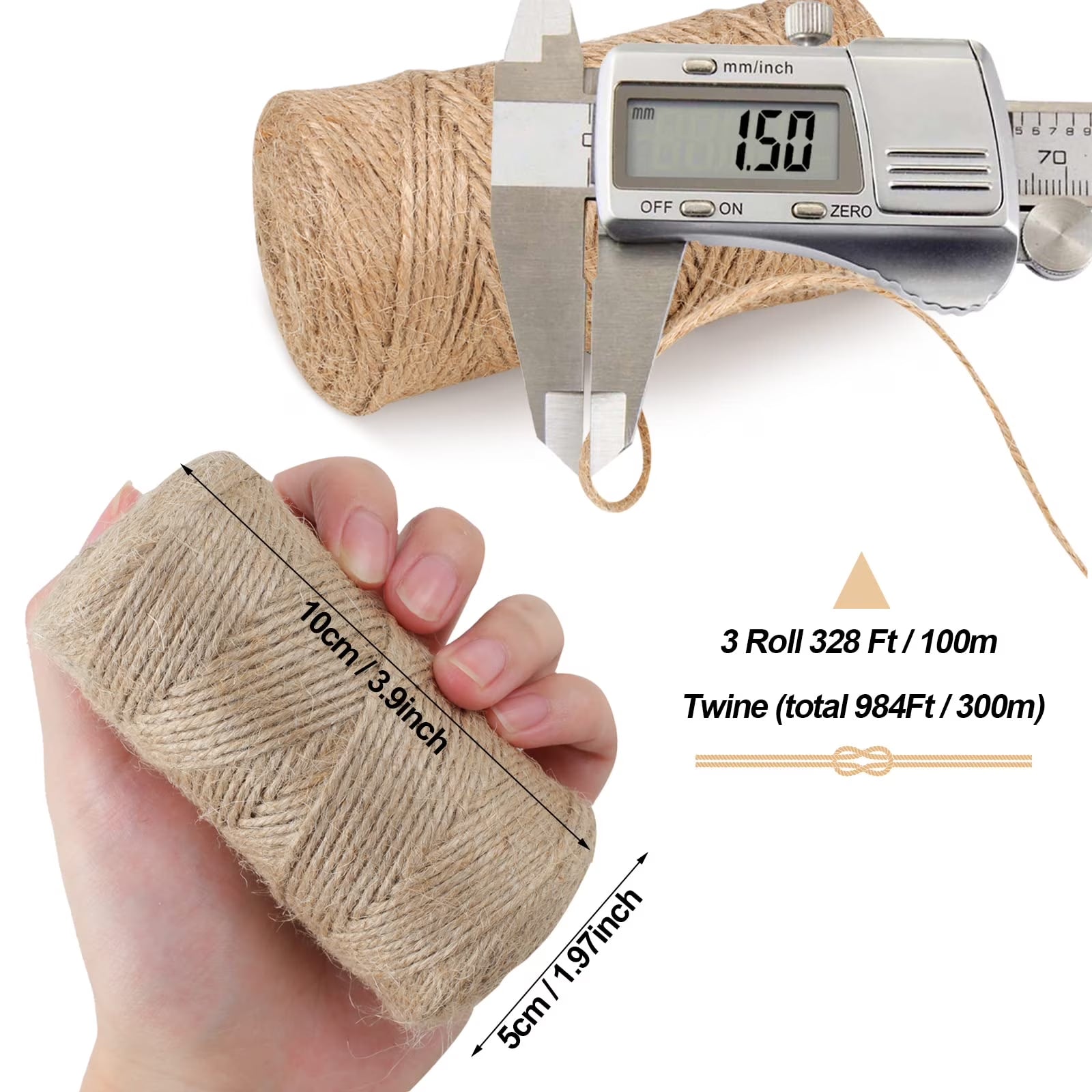 3 Roll Natural Jute Twine 984 Feet Long Twine String,Bulk Hemp Jute Rope Cord Twine 3Ply Thin Ribbon Hemp Twine for Crafts Gift Wrapping Packing Crochet Christmas Knitting Macrame Decor