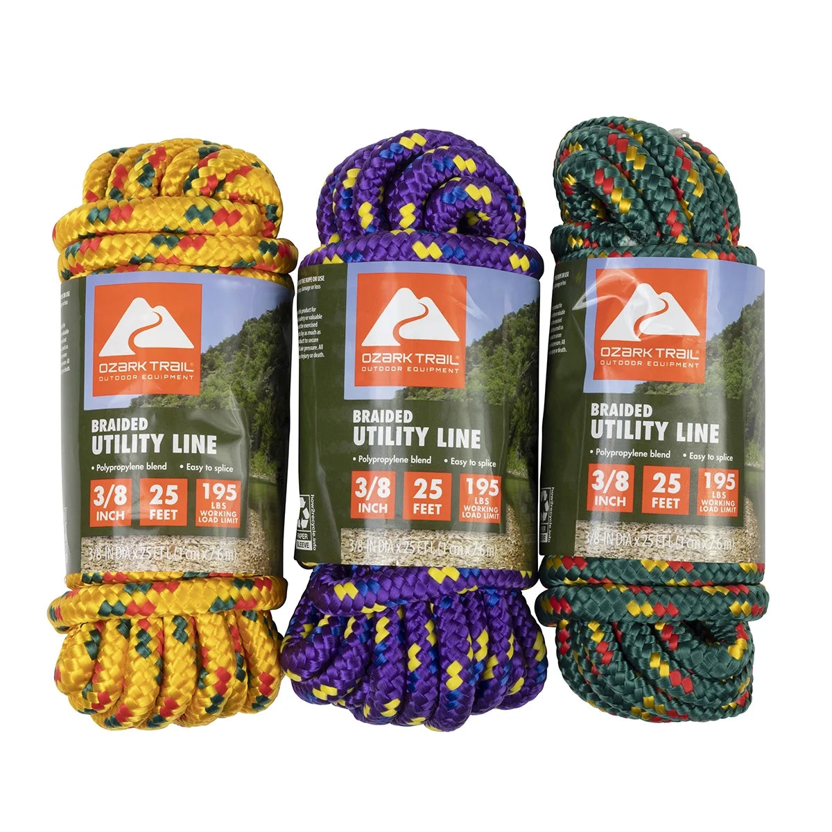 (3 Pack)  25 Ft Braided Polypropylene Marine Utility Line with 195 Lb Load
